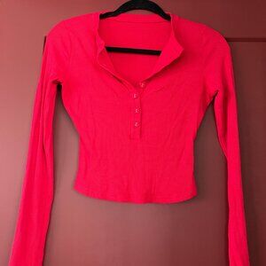 Red Long Sleeve Cropped Top – Quarter Buttondown (Size 4 to 6)